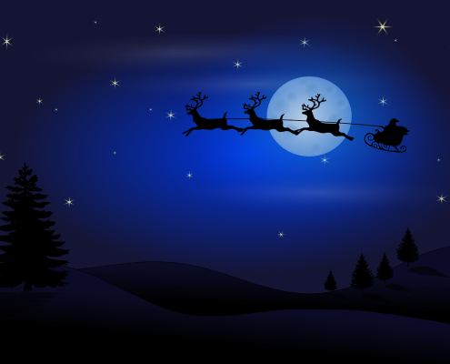 Babbo Natale che vola in cielo con carrozza e renne.