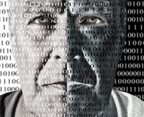 Un uomo con il codice binario scritto in faccia